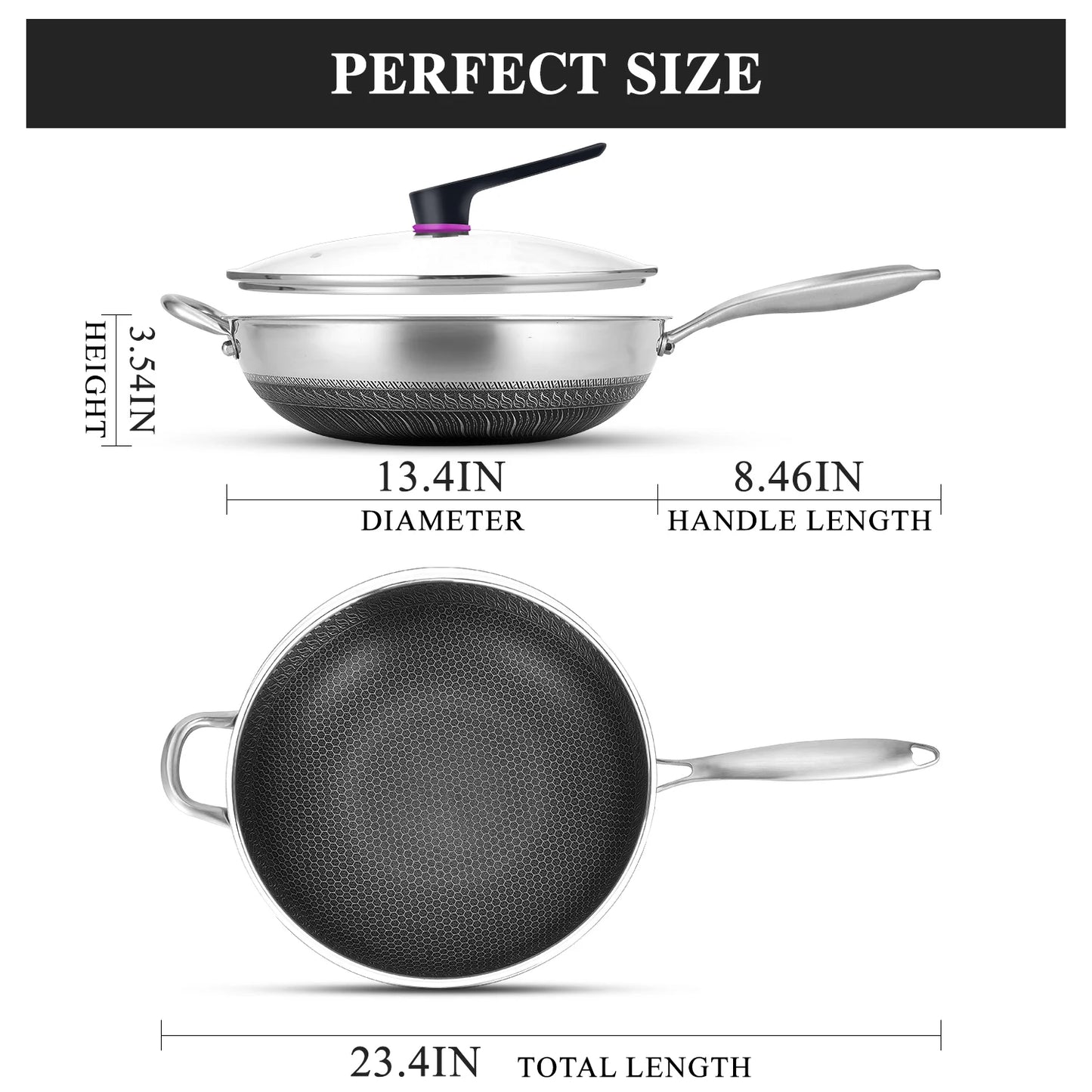 Hybrid 13 Inch Wok Pan With Lid PFOA Free Stainless Steel
