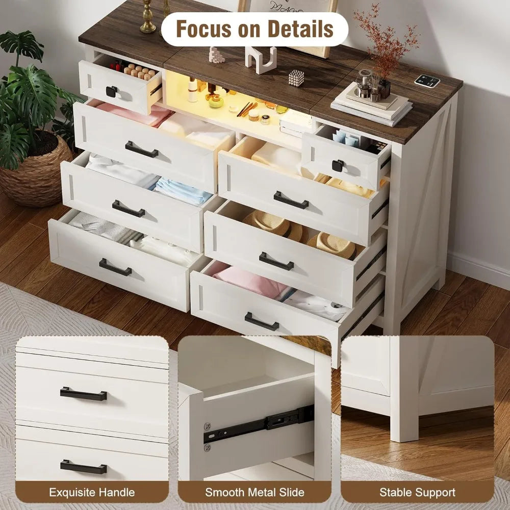 HUANZHUANG Dresser With Mirror Led Charging Station Drawers