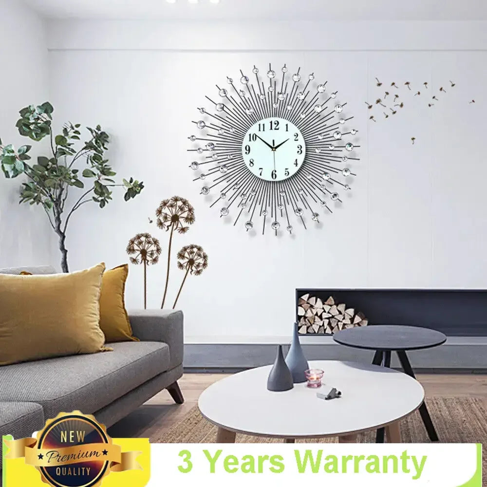 3D Large Metal Sunburst Wall Clock Diamond Decor 60x60cm