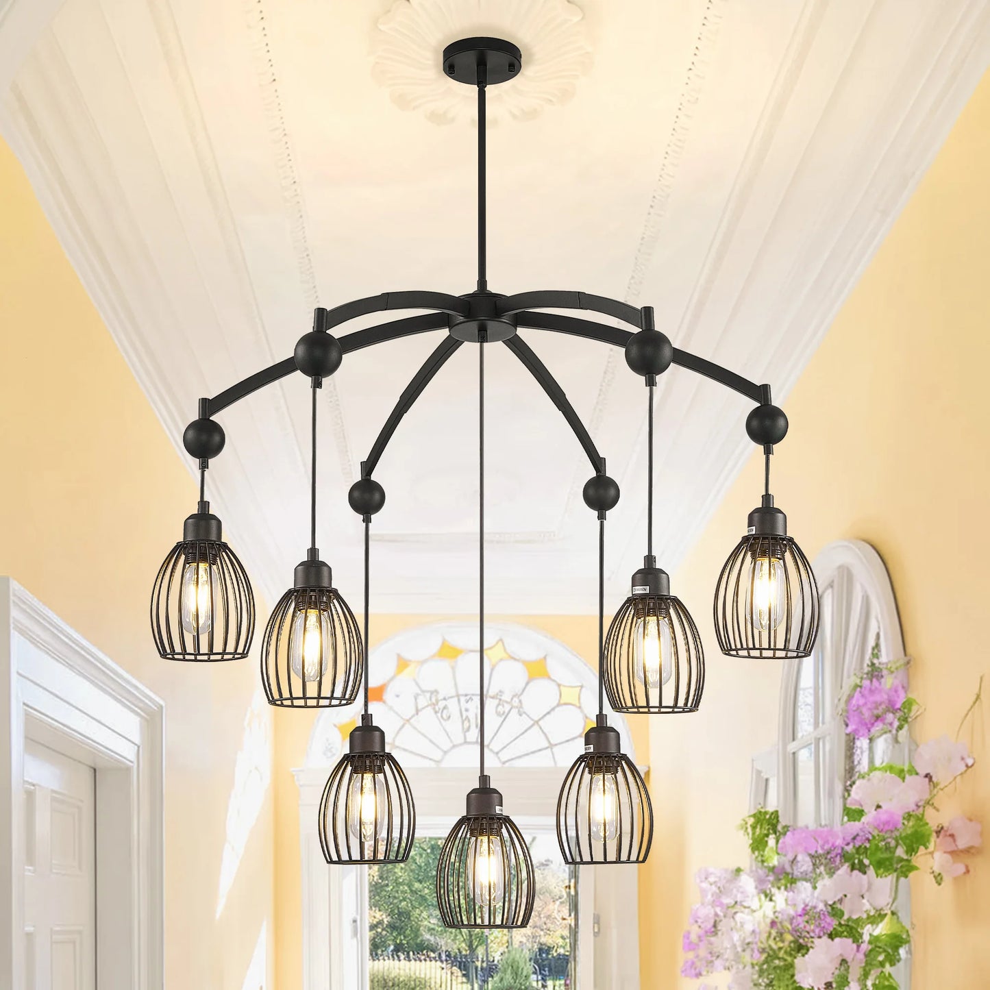 Modern Industrial Farmhouse Chandelier Black Rope Metal Cage
