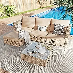 3 Piece Outdoor Patio Furniture Set L Shaped Sectional Sofa