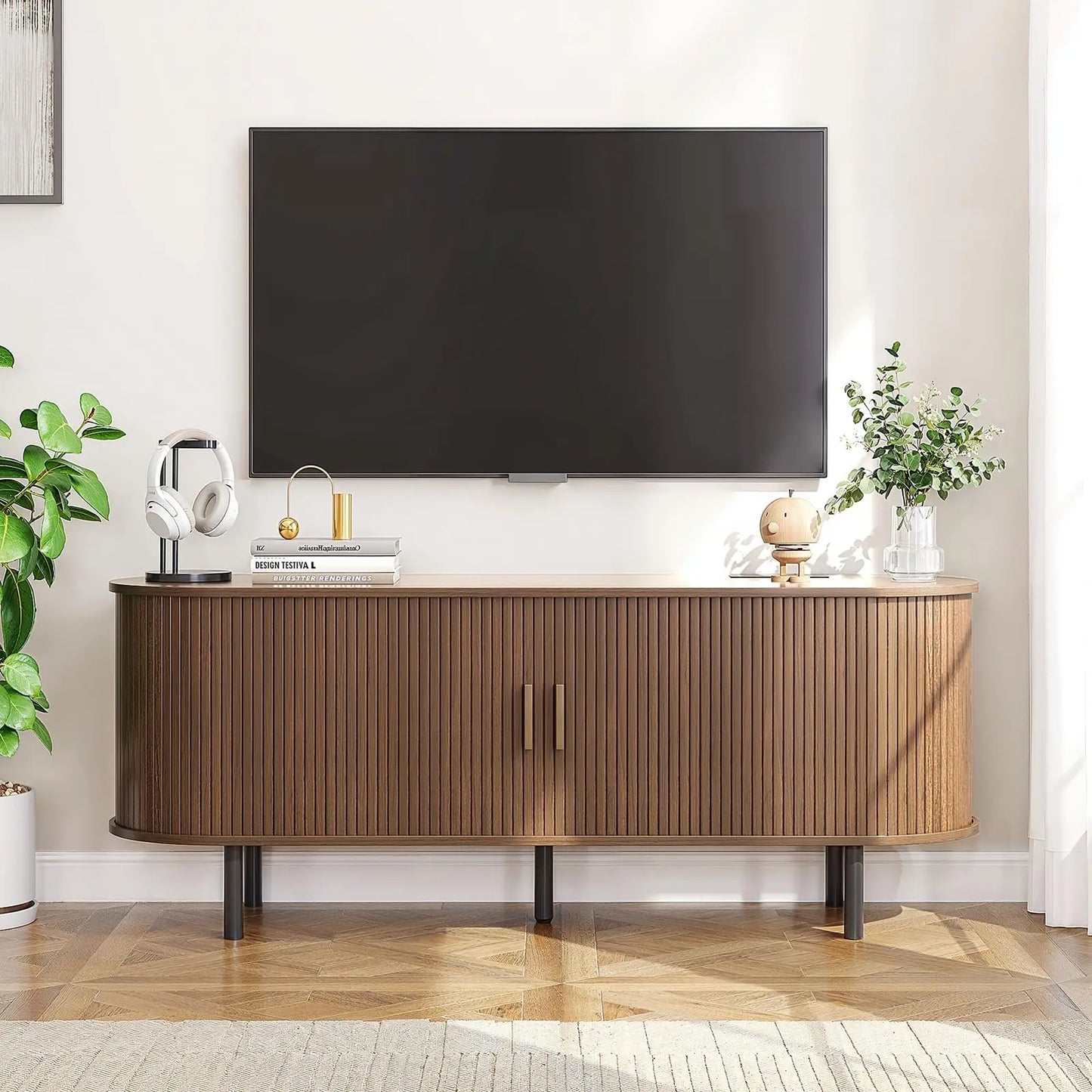 ONBRILL Walnut TV Stand With Power Outlet And Sliding Doors