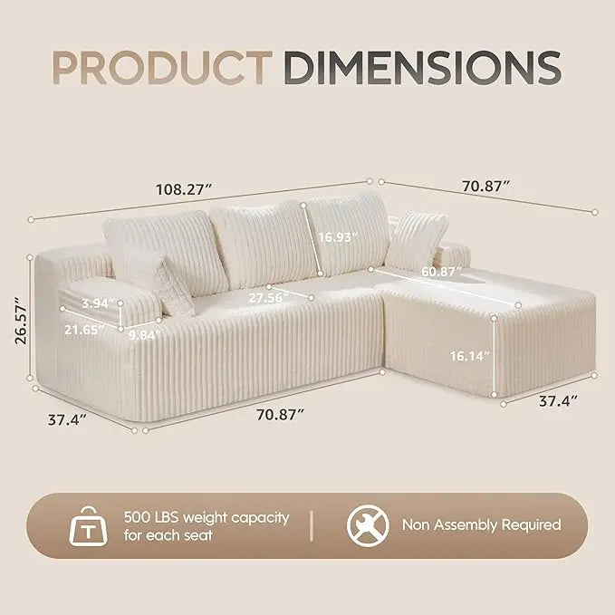 Modular L Shaped 3 Seat Sectional Memory Foam Storage Sofa