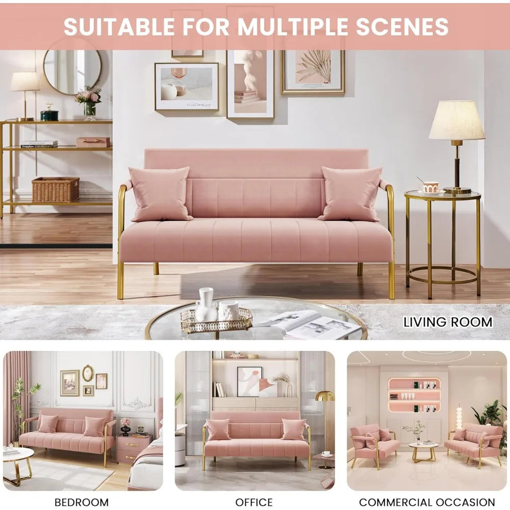 Luxurious Velvet Sofa 56 Inch With Gold Tone Metal Arms