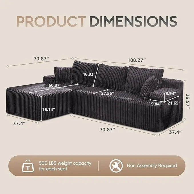 Modular L Shaped 3 Seat Sectional Memory Foam Storage Sofa