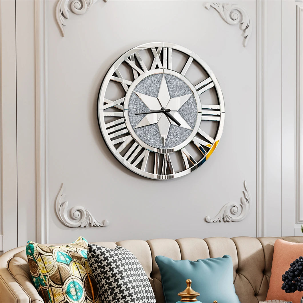 Large Mirrored Wall Clock 60cm Round Beveled Roman Numeral