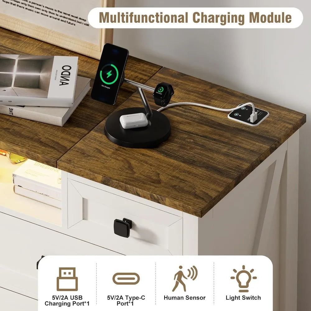 HUANZHUANG Dresser With Mirror Led Charging Station Drawers