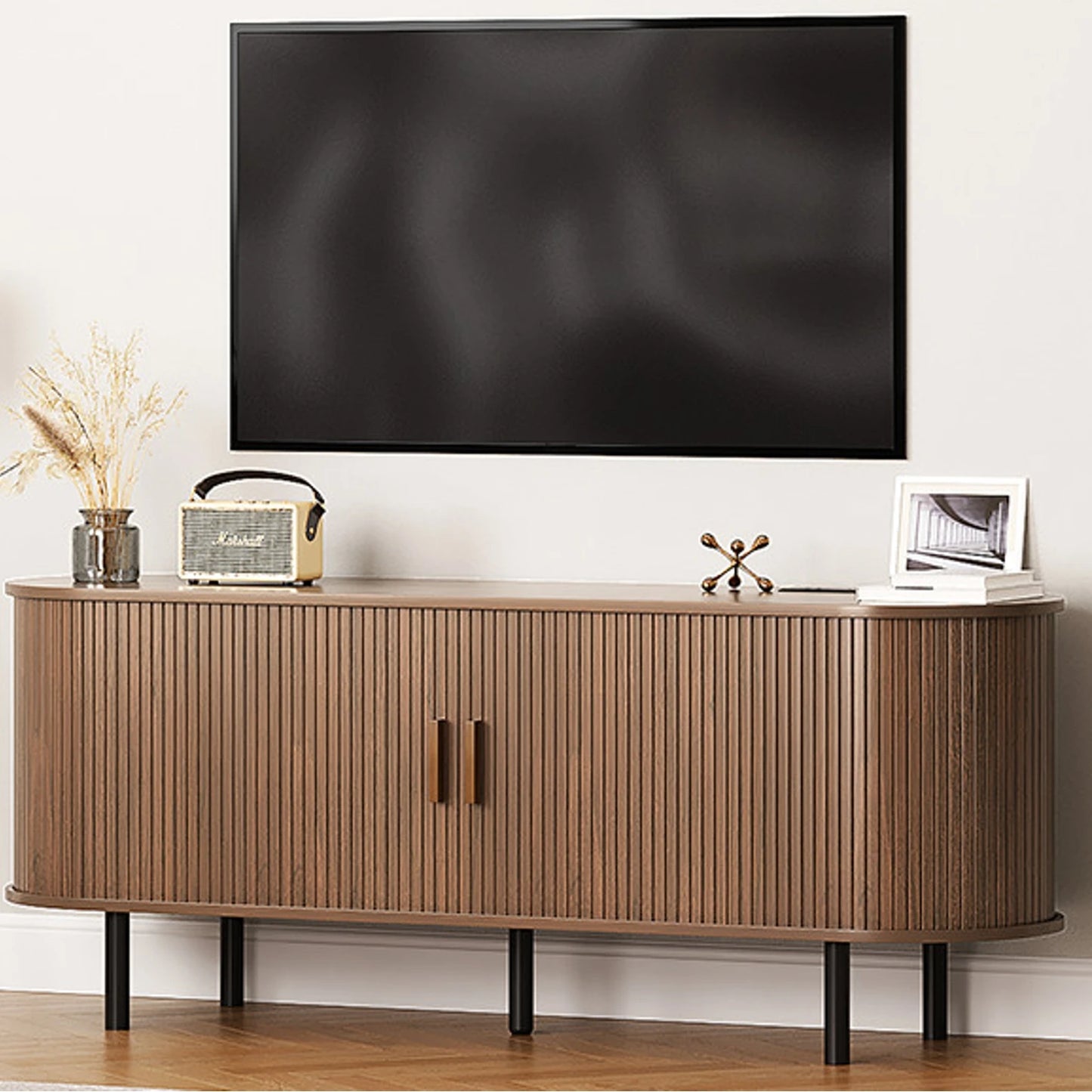 ONBRILL Walnut TV Stand With Power Outlet And Sliding Doors