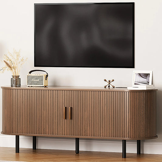 ONBRILL Walnut TV Stand With Power Outlet And Sliding Doors