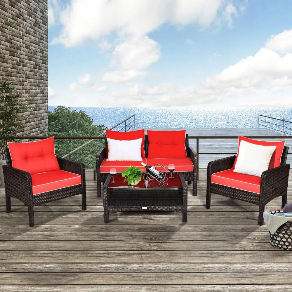 4 Piece Outdoor Wicker Patio Set Glass Coffee Table