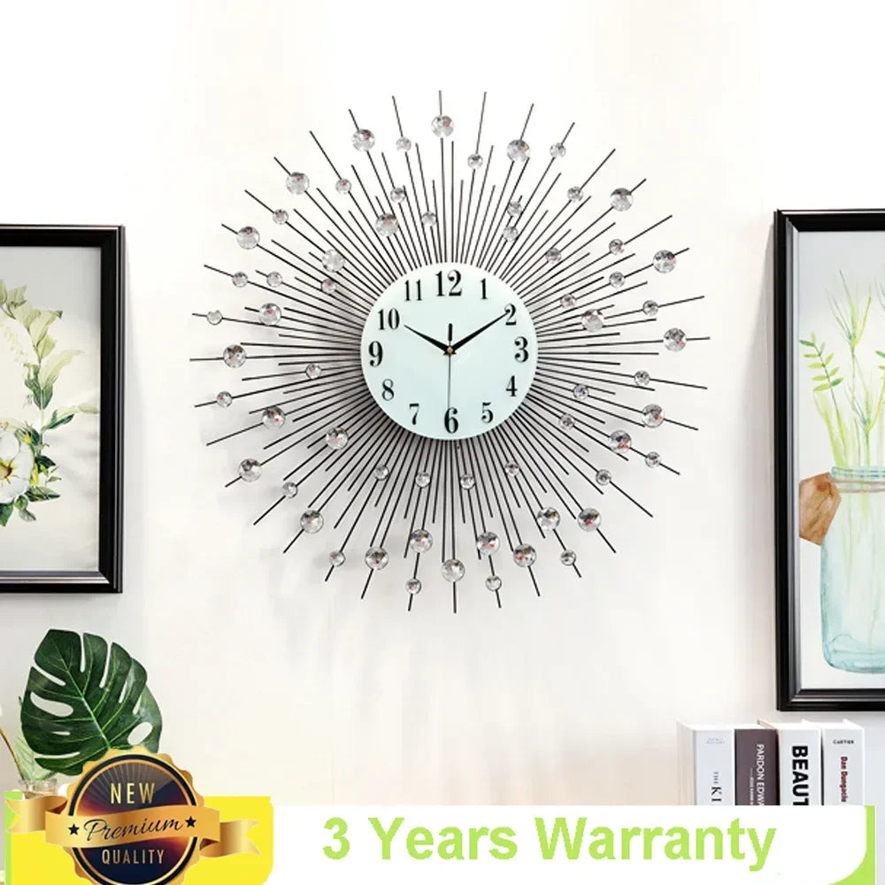 3D Large Metal Sunburst Wall Clock Diamond Decor 60x60cm