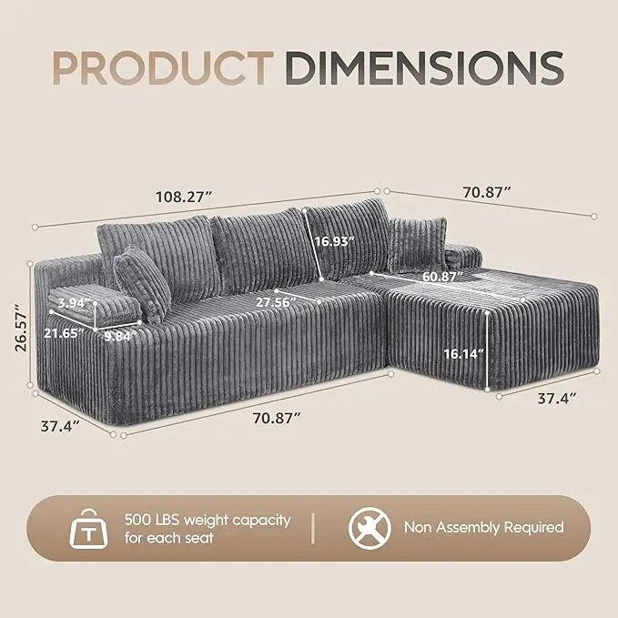 Modular L Shaped 3 Seat Sectional Memory Foam Storage Sofa