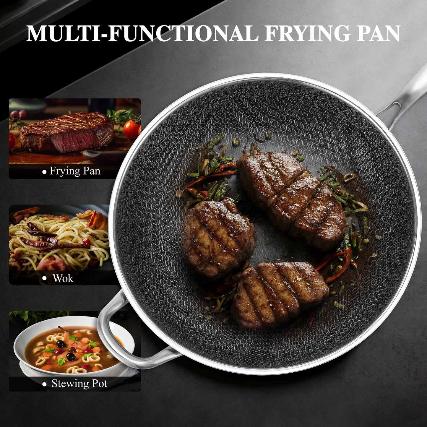 Hybrid 13 Inch Wok Pan With Lid PFOA Free Stainless Steel