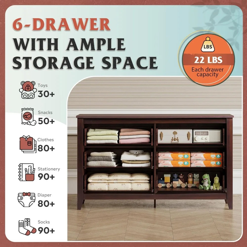 WLIVE Wood Dresser For Bedroom With Six Drawers Large