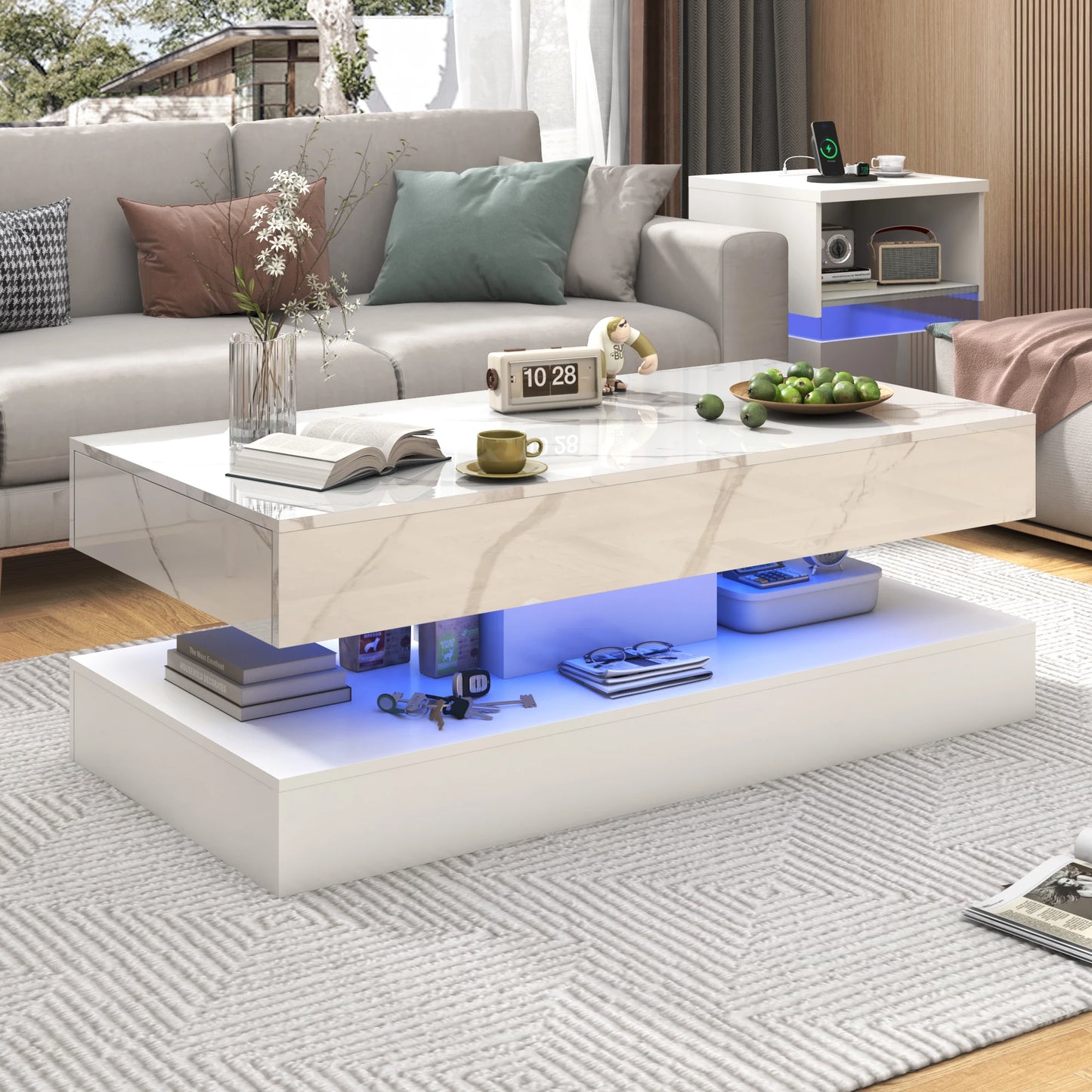 Modern Double Layer Coffee Table With Led Lights Drawers