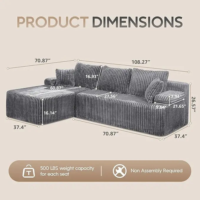 Modular L Shaped 3 Seat Sectional Memory Foam Storage Sofa
