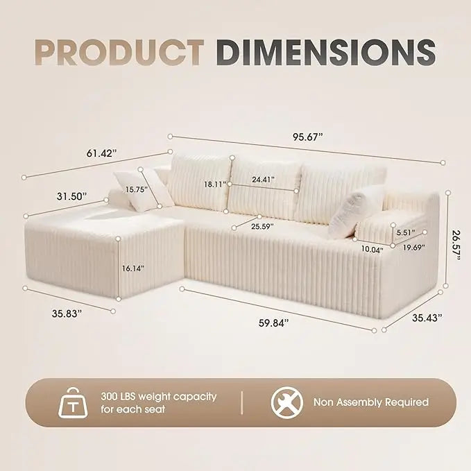 Modular L Shaped 3 Seat Sectional Memory Foam Storage Sofa