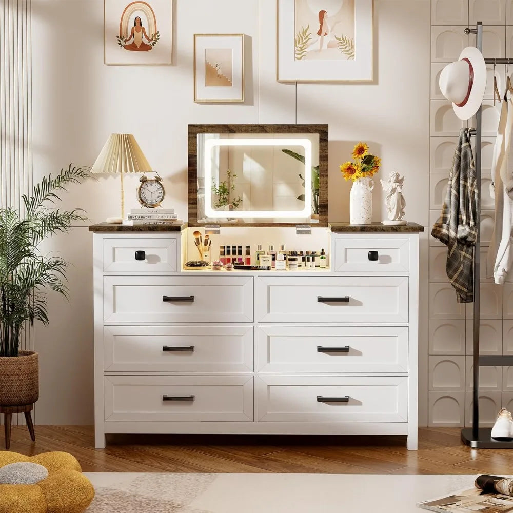 HUANZHUANG Dresser With Mirror Led Charging Station Drawers