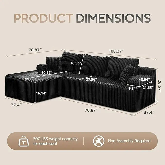 Modular L Shaped 3 Seat Sectional Memory Foam Storage Sofa