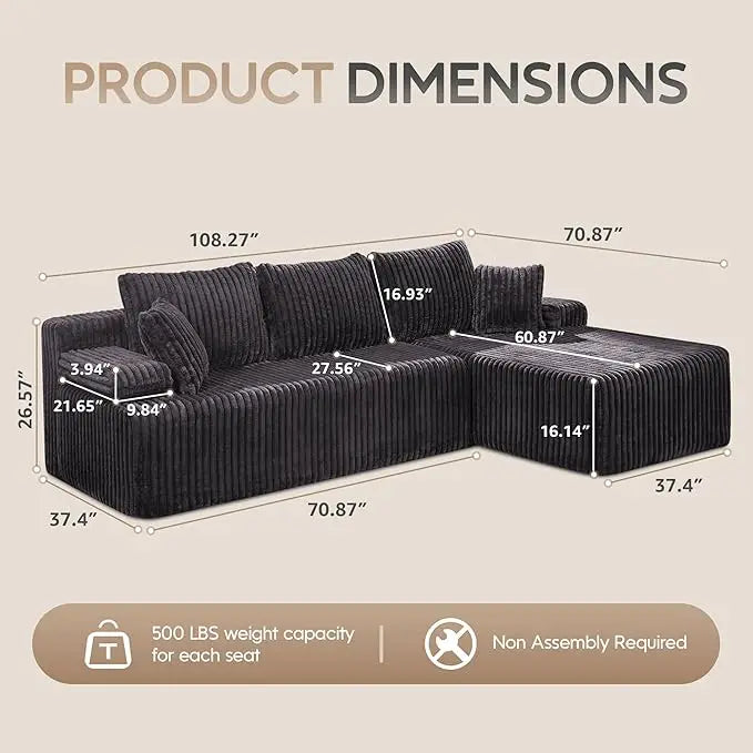 Modular L Shaped 3 Seat Sectional Memory Foam Storage Sofa
