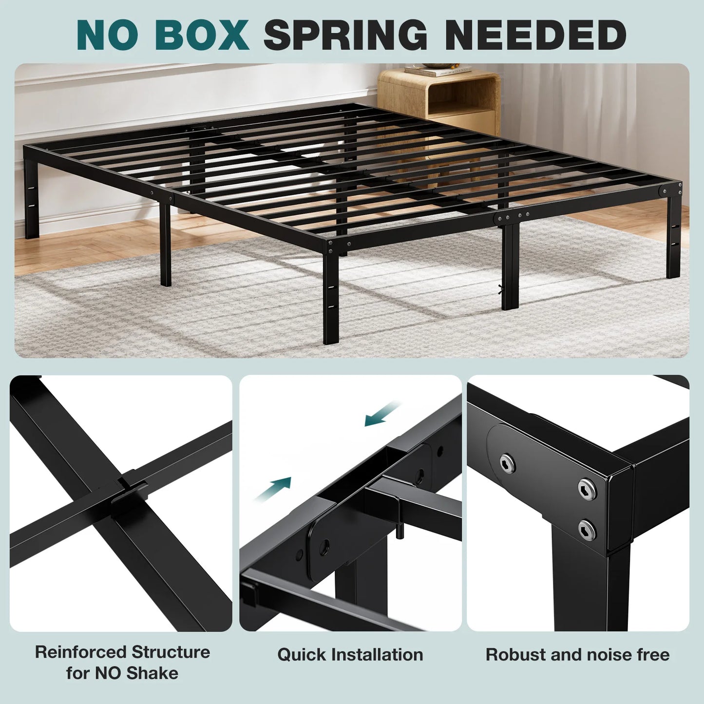 JHK Basic Metal Bed Frame Queen Size Platform With Storage