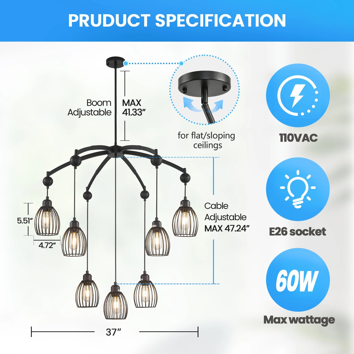 Industrial Adjustable Farmhouse Chandelier With Metal Cage Pendant Light