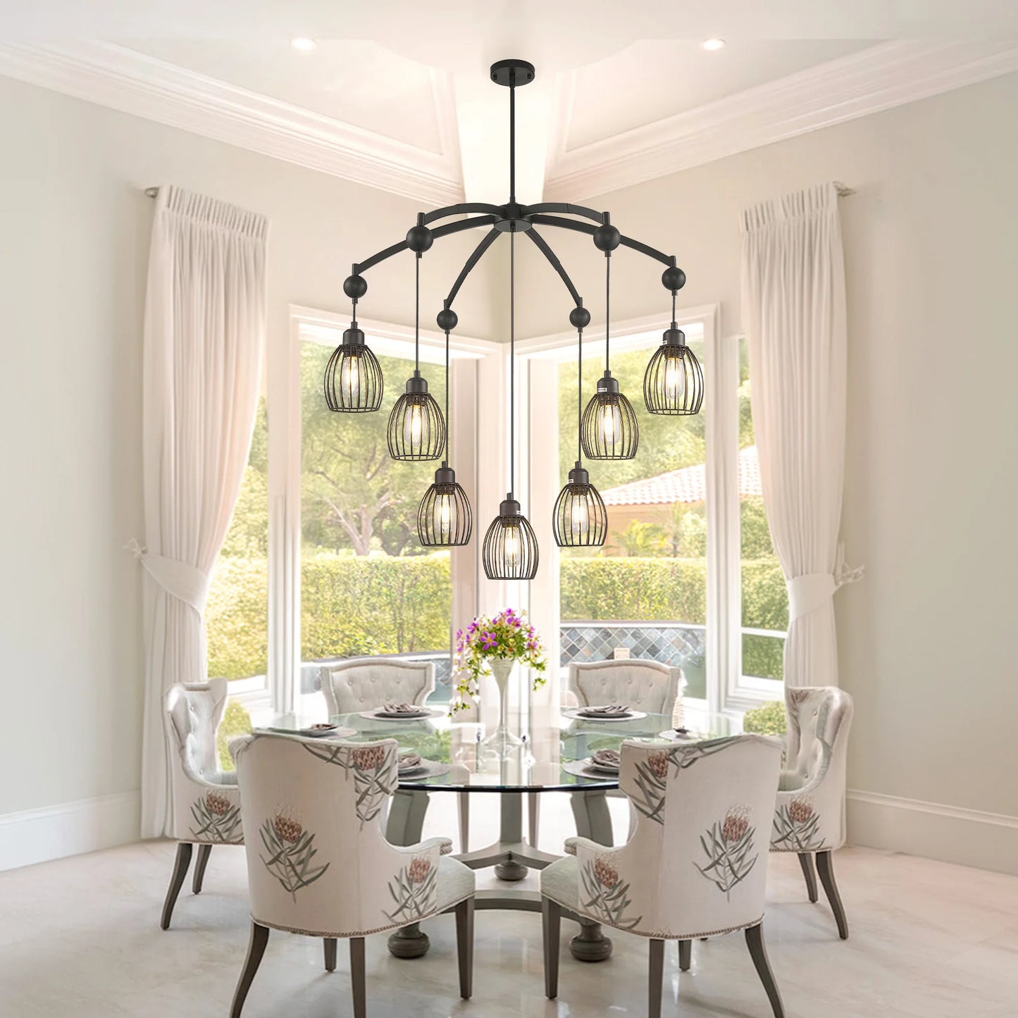 Modern Industrial Farmhouse Chandelier Black Rope Metal Cage