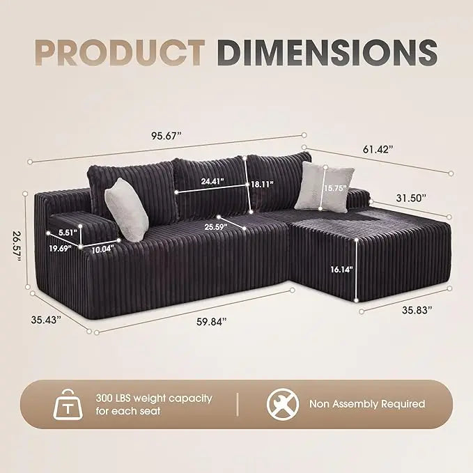 Modular L Shaped 3 Seat Sectional Memory Foam Storage Sofa