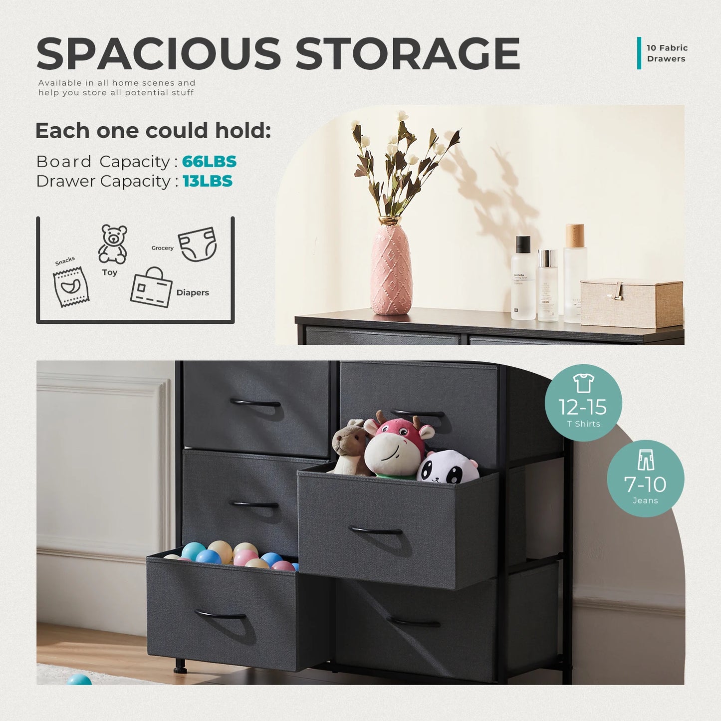 JHK Bedside Table With 10 Fabric Drawers And Steel Frame