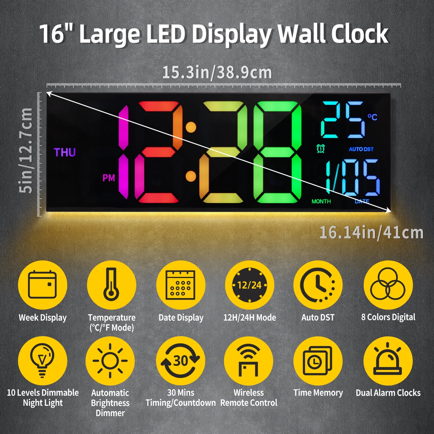 16 Inch Digital Wall Clock With LED Display RGB Color Alarm