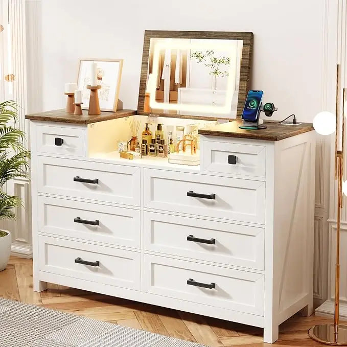 HUANZHUANG Dresser With Mirror Led Charging Station Drawers