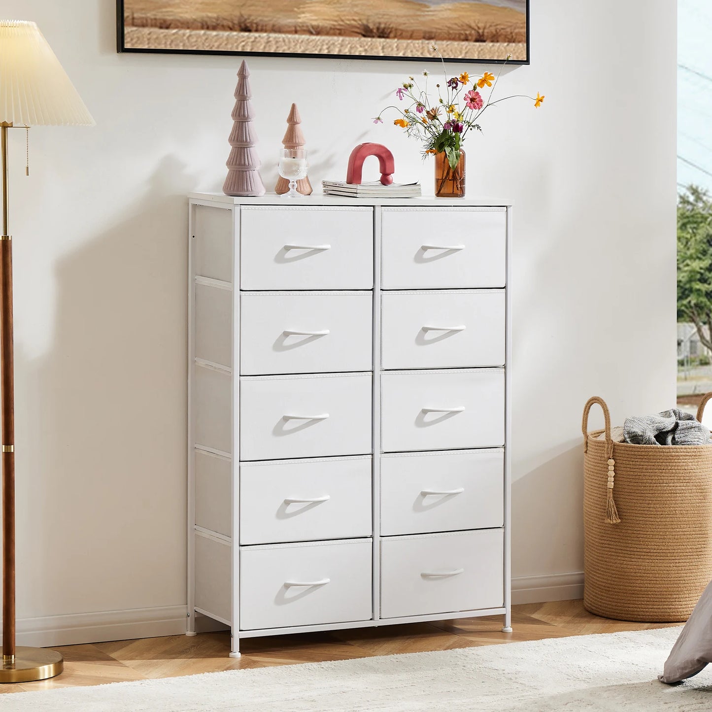 JHK Bedside Table With 10 Fabric Drawers And Steel Frame