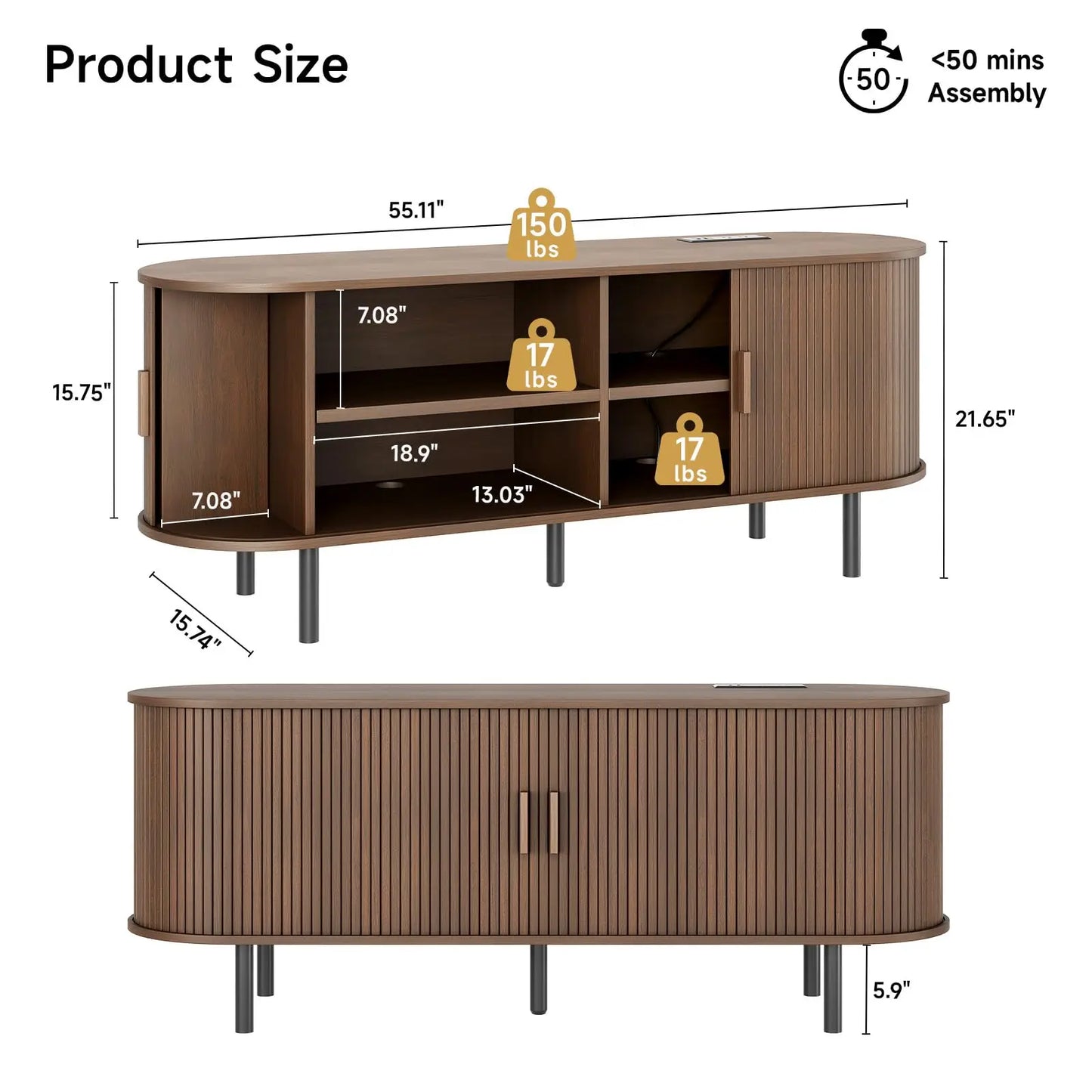 ONBRILL Walnut TV Stand With Power Outlet And Sliding Doors