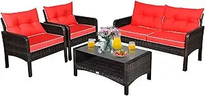 4 Piece Outdoor Wicker Patio Set Glass Coffee Table