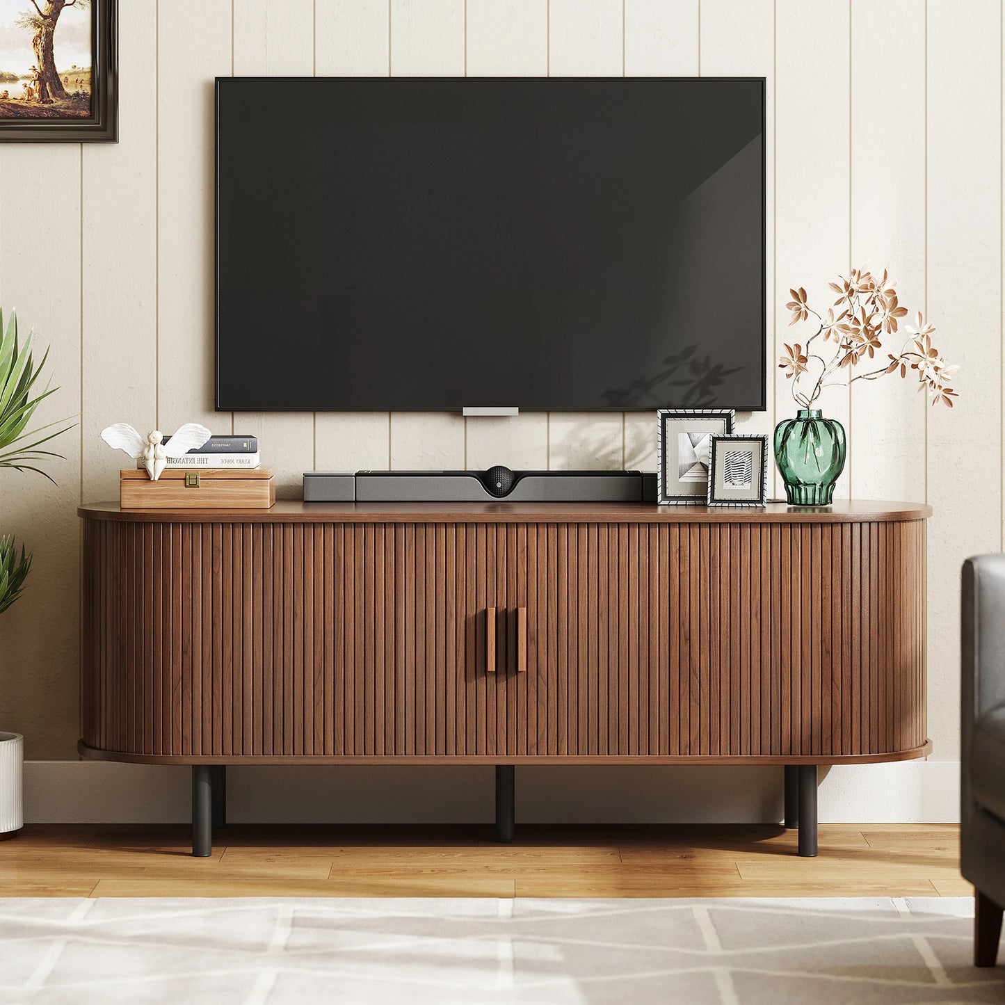 ONBRILL Walnut TV Stand With Power Outlet And Sliding Doors