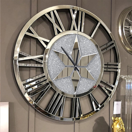 Large Mirrored Wall Clock 60CM Round Beveled Roman Skeleton