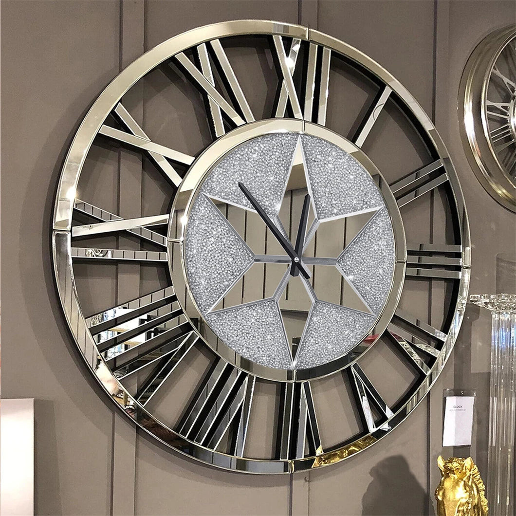 Large Mirrored Wall Clock 60cm Round Beveled Roman Numeral