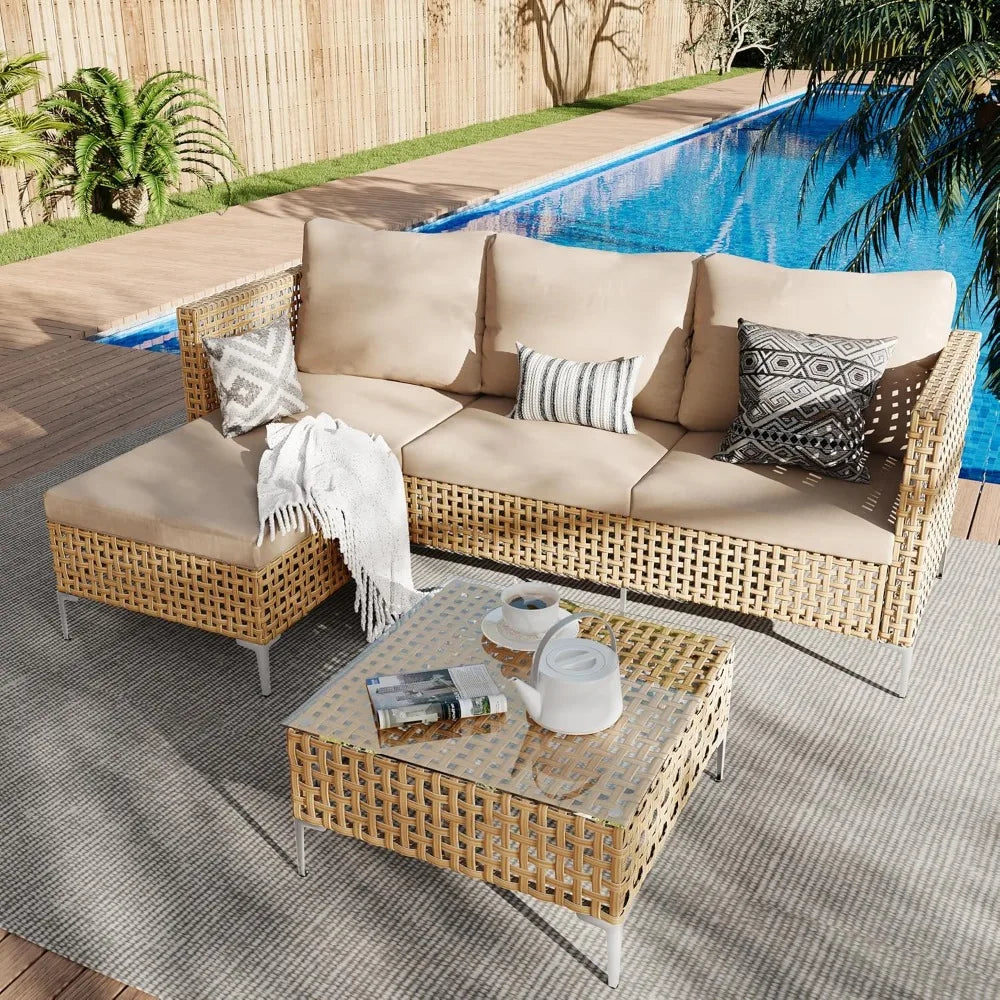 3 Piece Outdoor Patio Furniture Set L Shaped Sectional Sofa