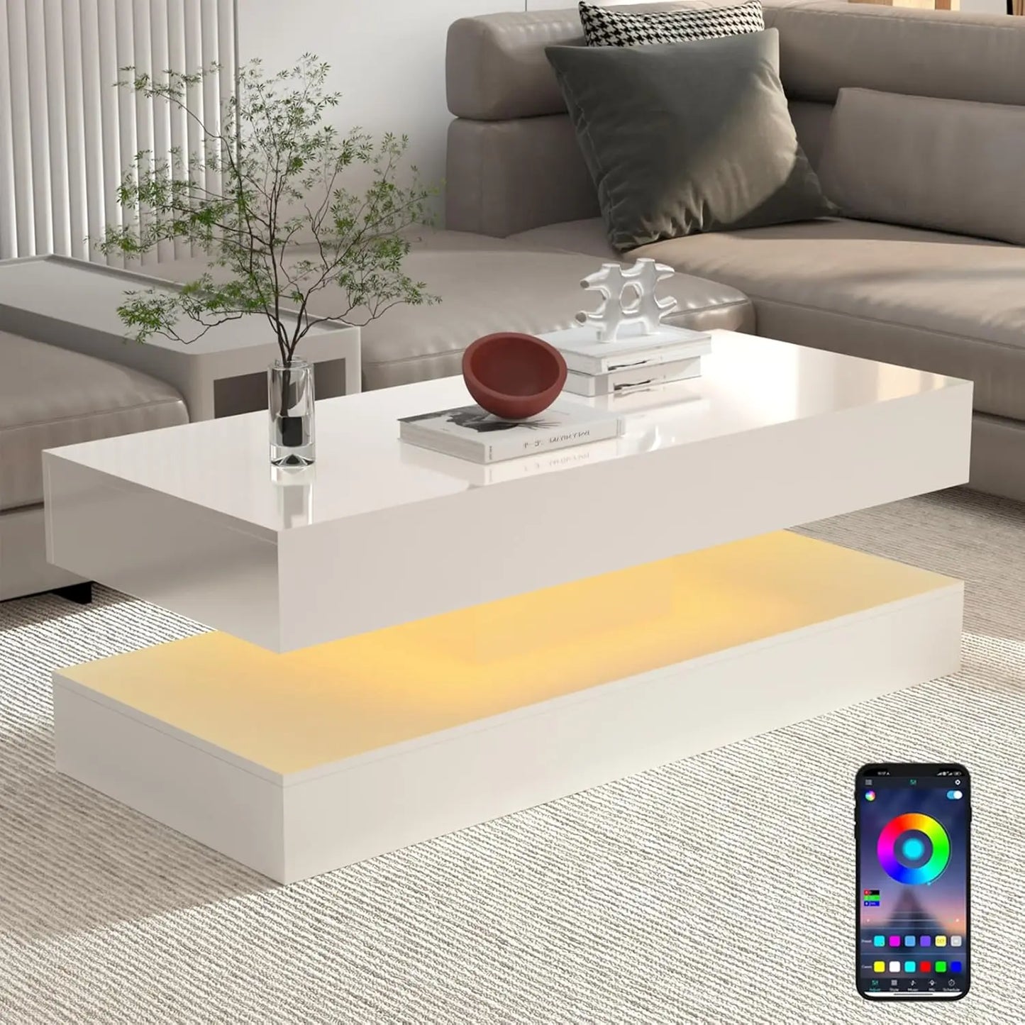 Modern Double Layer Coffee Table With Led Lights Drawers