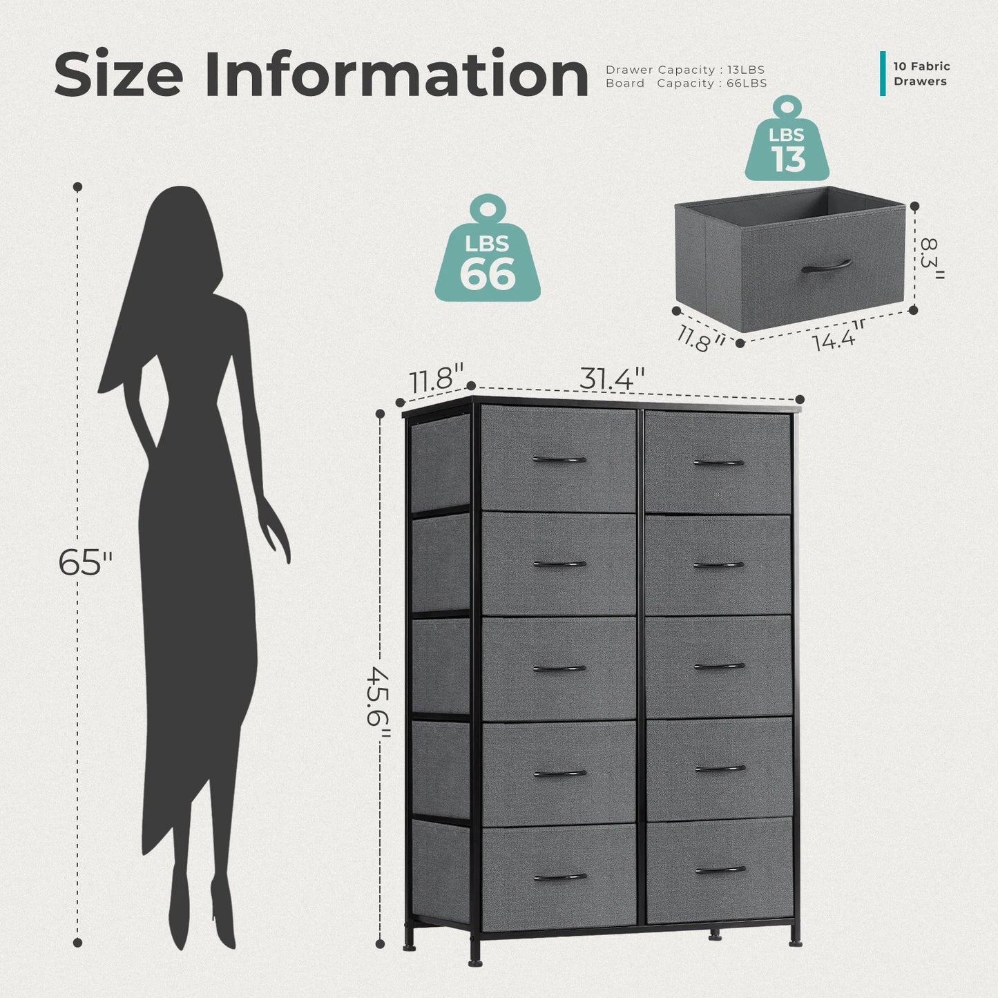 JHK Bedside Table With 10 Fabric Drawers And Steel Frame