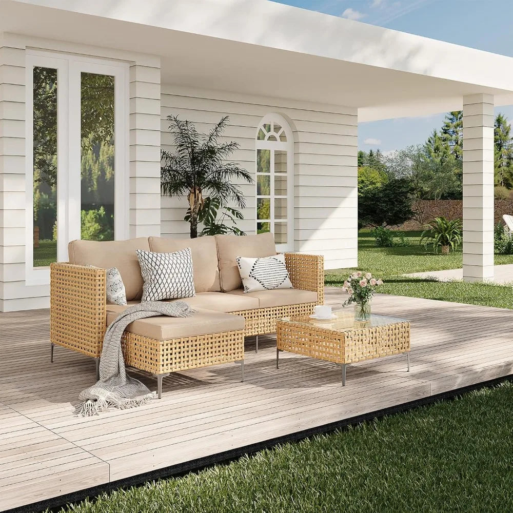 3 Piece Outdoor Patio Furniture Set L Shaped Sectional Sofa