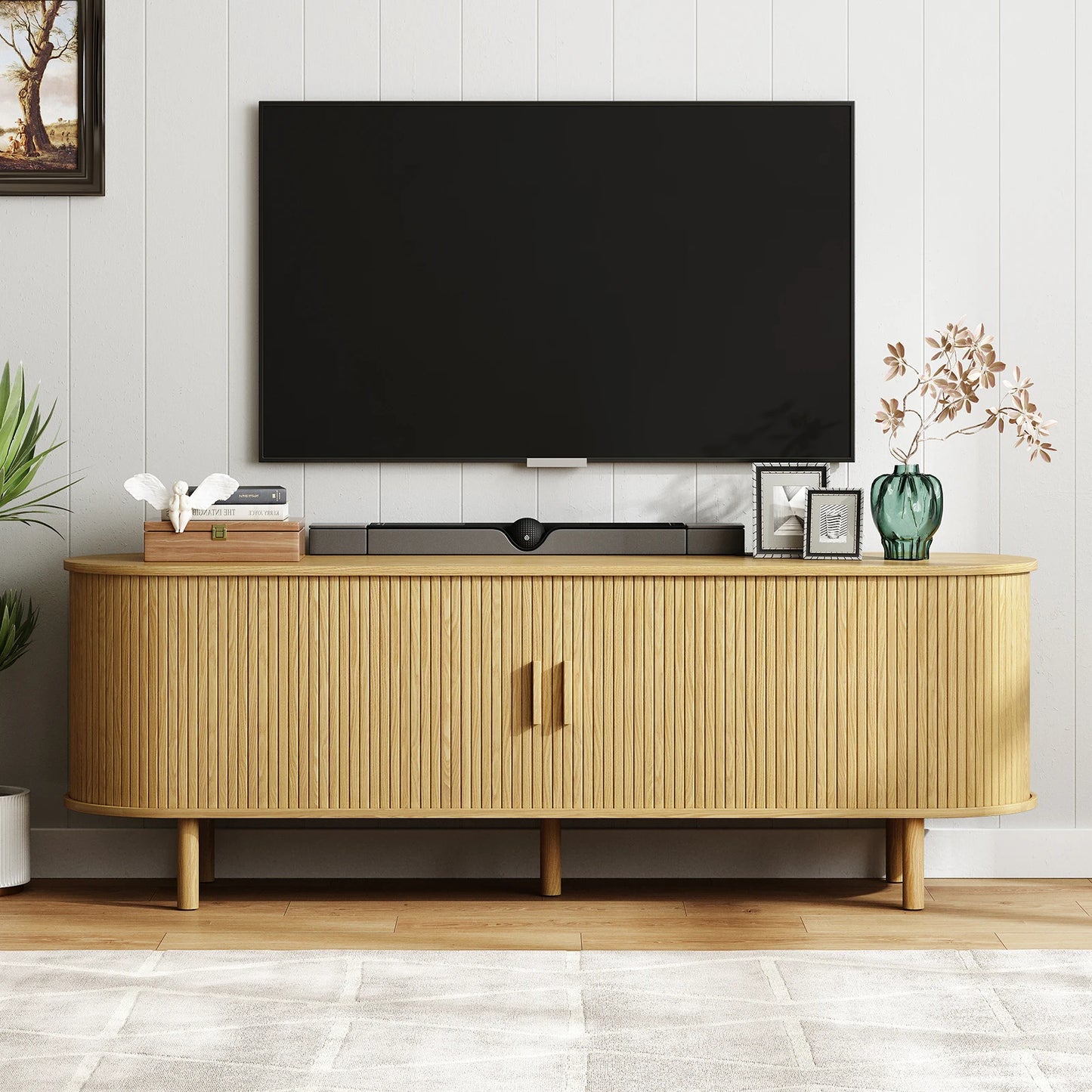 ONBRILL Walnut TV Stand With Power Outlet And Sliding Doors