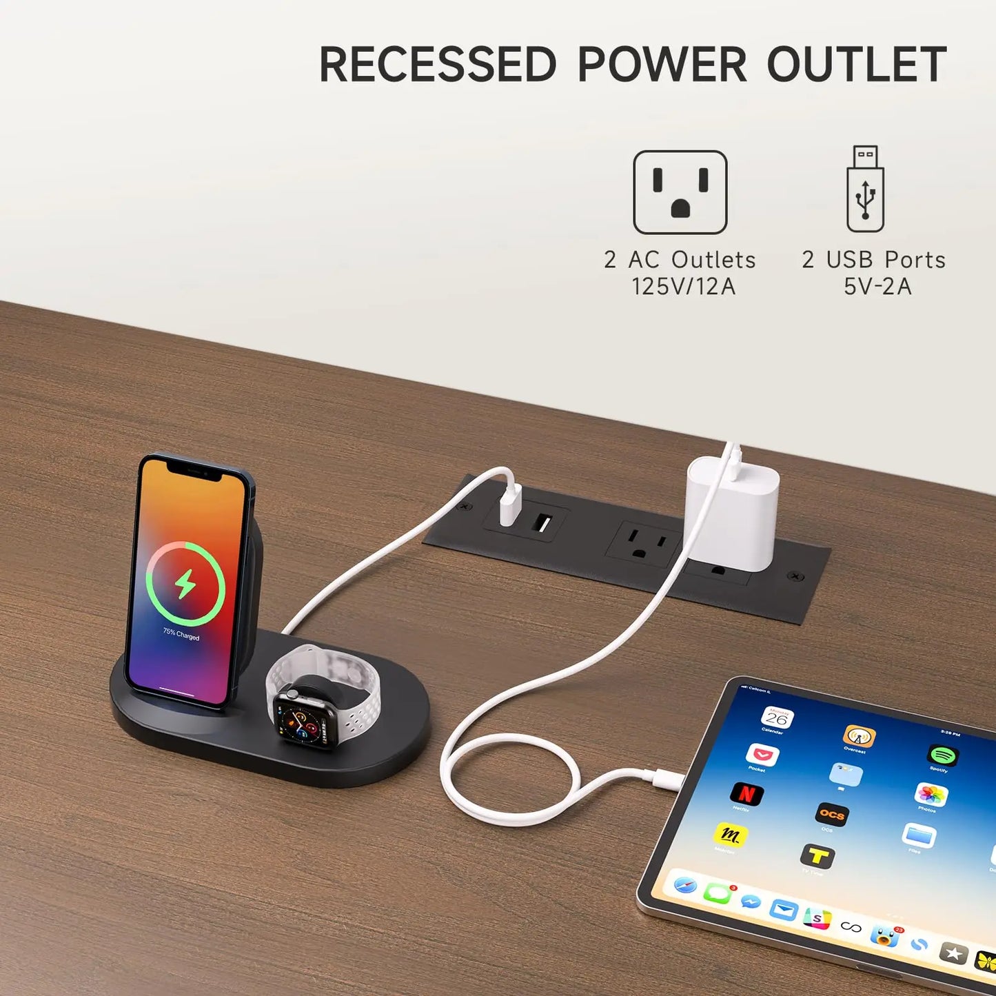 ONBRILL Walnut TV Stand With Power Outlet And Sliding Doors