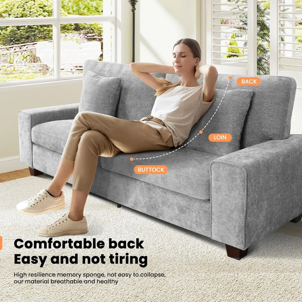 Chenille Sofa Three Seater For Small Spaces With Pillows