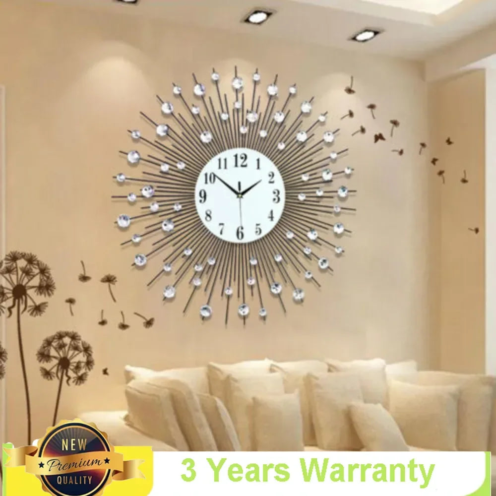 3D Large Metal Sunburst Wall Clock Diamond Decor 60x60cm