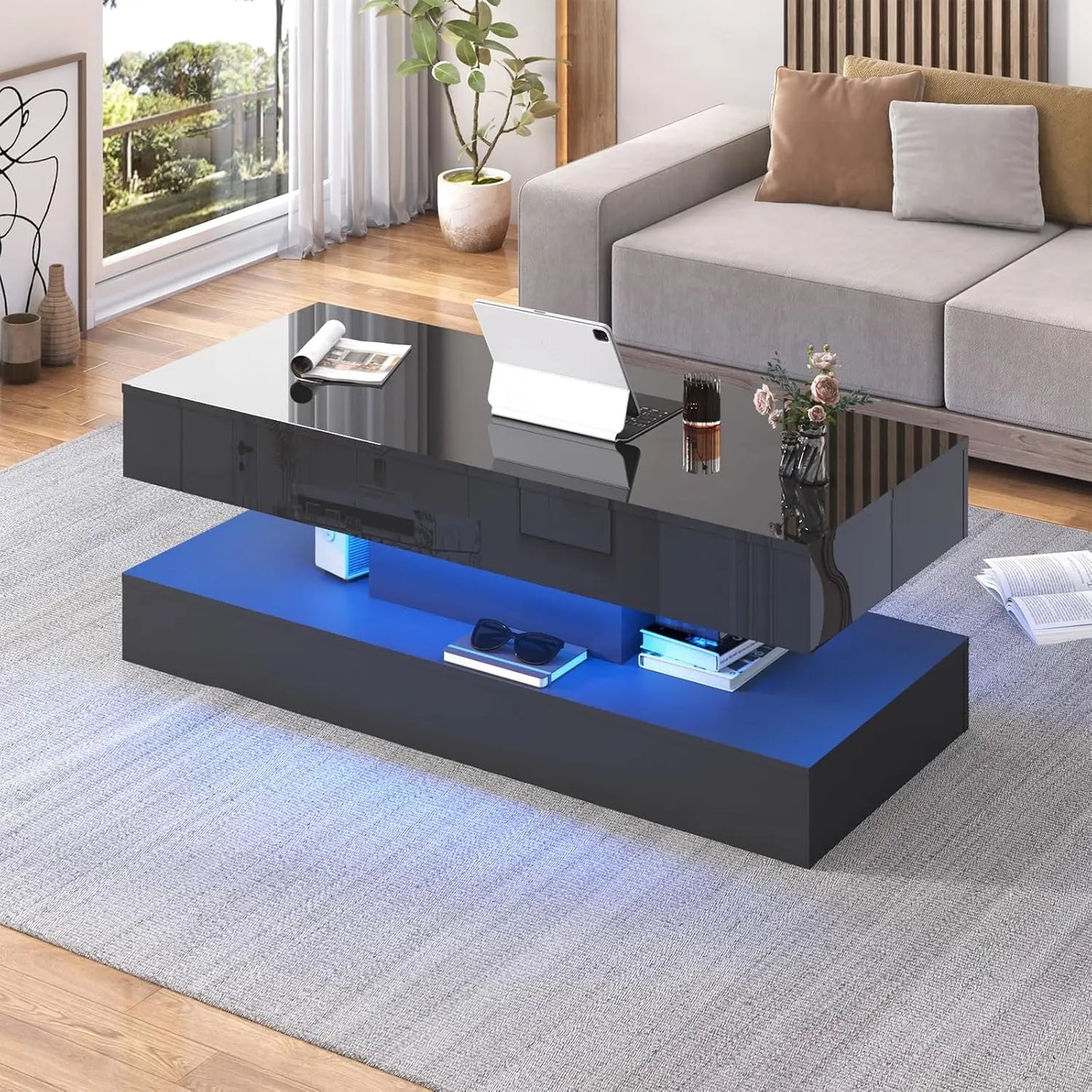 Modern Double Layer Coffee Table With Led Lights Drawers