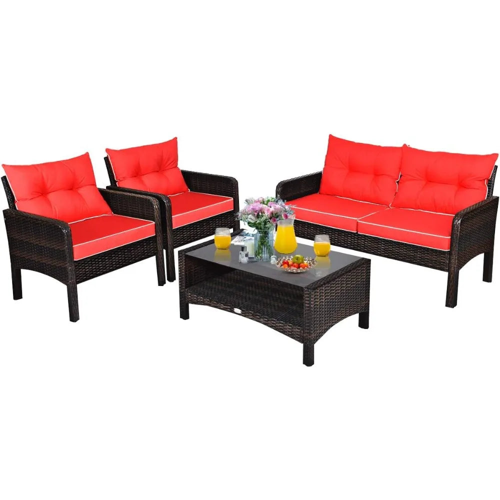 4 Piece Outdoor Wicker Patio Set Glass Coffee Table