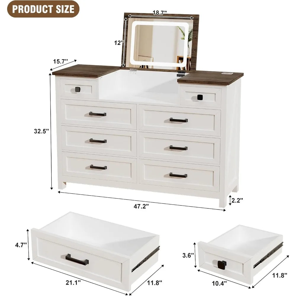 HUANZHUANG Dresser With Mirror Led Charging Station Drawers