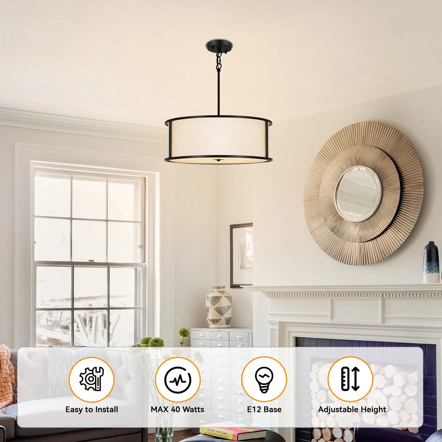 19.6 Inch Black Drum Chandelier 4 Light Dining Room Light