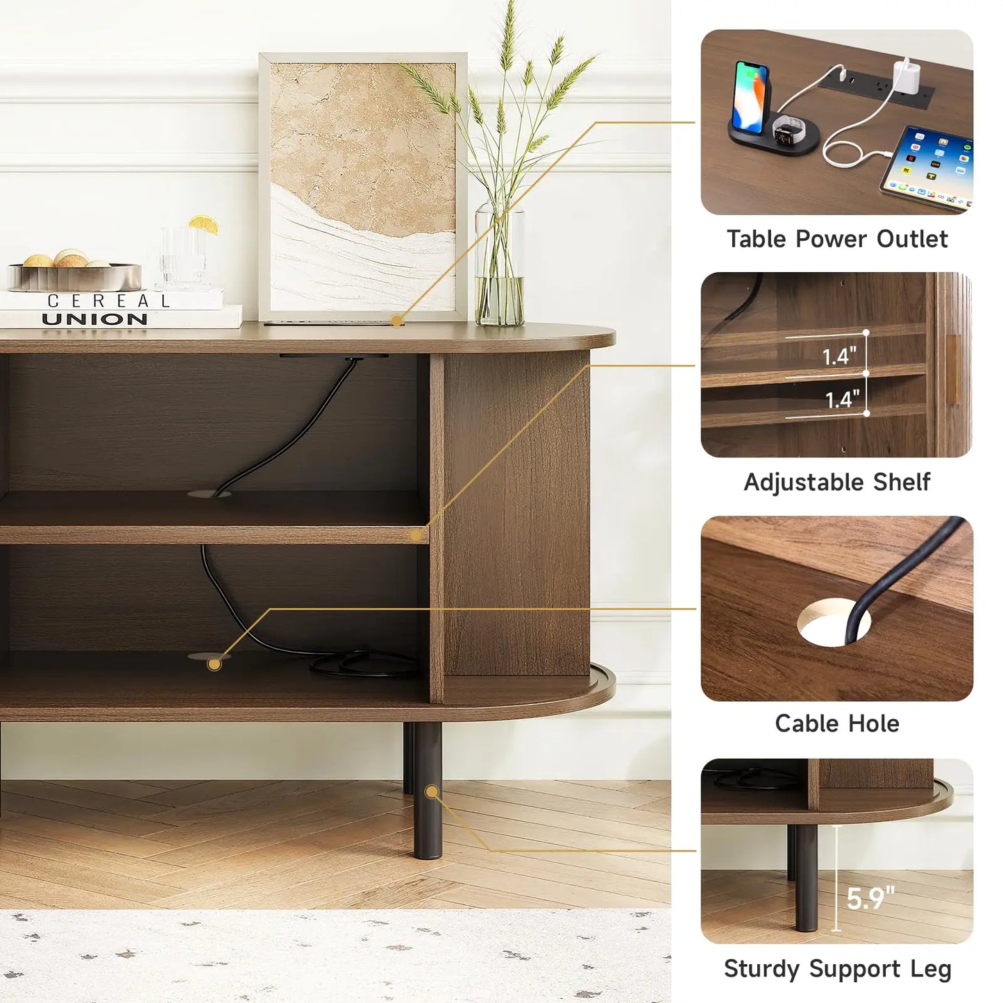 ONBRILL Walnut TV Stand With Power Outlet And Sliding Doors